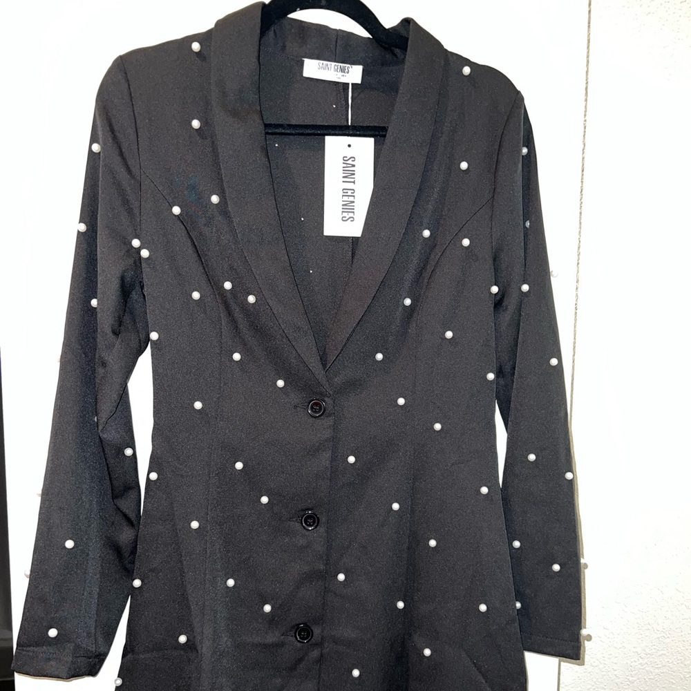 Black blazer mini dress with pearl detail! New with tags